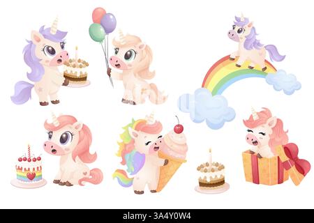 Einhorn Party Collection – niedliches und farbenfrohes Geburtstagsset Stock Vektor