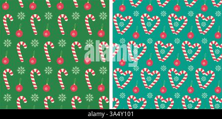 Gestreifte Bonbonbons Herzförmige Schneeflocken Weihnachtsbaumspielzeug nahtlose Muster auf trendigem grünem Set. Isolierte Vektor-Verpackung Wallpaper Textil Themenkarten, Web Promo Banner, Poster, Broschüren, Tag Stock Vektor
