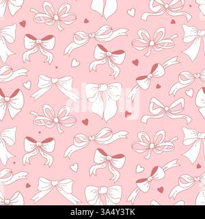 Vintage Coquette nahtlose Muster ästhetische Schleife auf rosa Hintergrund mit Herzen. Romantische Coquette Girly Vibe. Trendige, skurrile lineare Hand Stock Vektor