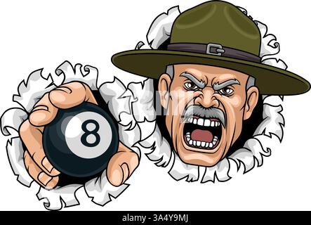 Bohrlehrer Sergeant Billard Pool Maskottchen Stock Vektor