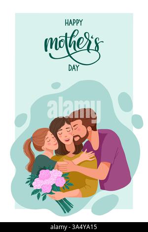 Vertikale Karte zum Muttertag mit glücklicher Familie, Tochter und Vater gratulieren der Mutter zum Urlaub. Vektorabbildung Stock Vektor