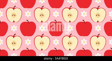 Nahtloses Muster mit weißen Gänseblümchen und roten Äpfeln, ganz und halb. Flaches, glattes, klares Fruchtmuster. Perfekt für Modedrucke, Schreibwaren, Textilien, Tapeten, Geschenkpapier Stock Vektor