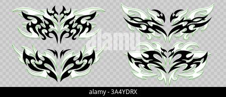 Vektorsatz von neo-Stammes-Tattoo. Neotribaler gotischer Schmetterling mit Flügeln, Flamme, Herz oder symmetrischen Formen abstrakte Trennelemente. y2k-Designelemente im Cyber-Sigisma. Keltische Gothic Body Emo Aufkleber Stock Vektor