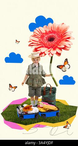 Mädchen, das mit offenem Koffer steht, übergroße Blume hält, umgeben von Schmetterlingen und Wolken. Zeitgenössische Kunstcollage. Stockfoto