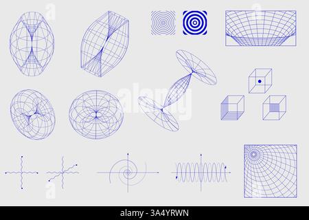 Sammlung blauer geometrischer Strukturen, Wellenformen, mathematischer Raster und optischer Illusionen auf weißem Hintergrund. Wissenschaft. Stock Vektor