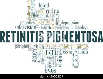 Retinitis pigmentosa Vektor-Illustration Wortwolke isoliert auf weißem Hintergrund. Stock Vektor