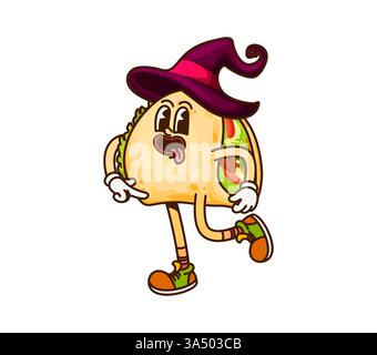 Grooviger Zeichentrick mexikanischer Taco als Halloween Zauberer Charakter in Hexenhut, Vektor lustiges Tex Mex Essen. Grooviger Taco-Magier im Zaubermantel mit fröhlichem Gesicht und verrücktem Zunge-Out-Lächeln für Halloween Stock Vektor