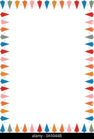Farbenfroher, schneebedeckter Kiefernwald. Festliche Grußschablone mit Weihnachtsbaumelementen. Heller Rahmen Stock Vektor