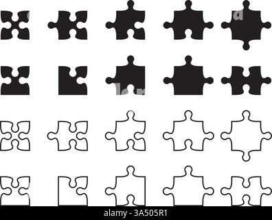 Verschiedene Puzzleteile in Schwarz-weiß mit verschiedenen Formen. Vektorabbildung Stock Vektor