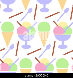 Pistazieneiskegel verschiedene Eiskugeln in der Schüssel Plätzchenröhre Dessertlöffel nahtloses Muster. Isolierte Vektor-Illustration Eiscreme Tag Gruß Menü Karten, Druckmaterial oder Web Promo Banner Stock Vektor