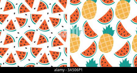 Wassermelone dreieckige Scheiben ganze Ananas mit Blättern nahtloses Muster tropischer Hintergrund Set 2. Isolierte Vektor-Illustration Hintergrundbild Thematische Karte oder Web Promo Banner, Faltblatt, Preisschild, Etikett Stock Vektor