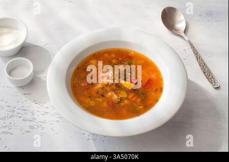 Hausgemachte Gemüsesuppe mit Kürbis, Paprika, Tomaten und Buchweizen auf einem hellgrauen Tisch. Köstliches veganes Komfortgericht Stockfoto