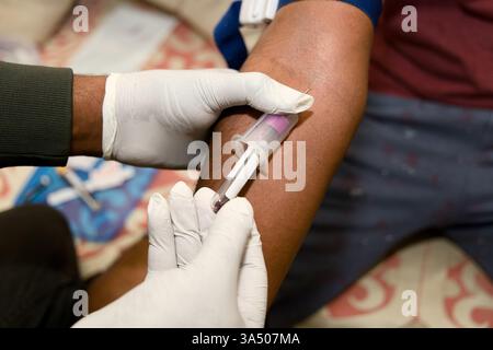Medizinisches Fachpersonal entnimmt Blut aus dem Arm zur Spende und demonstriert Sicherheit und Pflege in einer klinischen Umgebung. Stockfoto
