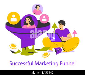 Skalierung von Geschäftsprozessen durch einen erfolgreichen Marketingtrichter. Diese Abbildung veranschaulicht die Reise, in der Kunden mit einem Unternehmen interagieren und dabei Wachstum, emotionale Bindung und Konvertierung betonen. Vektorabbildung. Stock Vektor