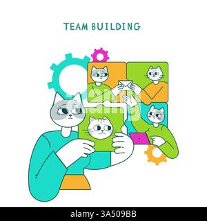 Business Cat-Konzept. Die Illustration dreht sich um Teambuilding mit verspielten Katzenfiguren, die an Teamwork-Aktivitäten teilnehmen. Hebt Zusammenarbeit, Kommunikation und kreative Problemlösung hervor. Vektorabbildung. Stock Vektor