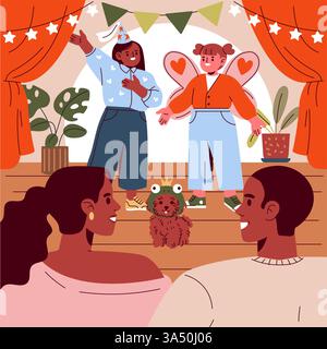 Illustration zum Familientag. Eine fröhliche Vektor-Illustration einer Familie, die eine Hausfeier mit fröhlichen Kindern in Kostümen und einem kleinen Hund genießt. Stock Vektor