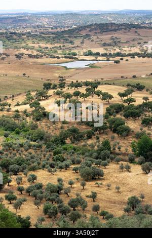 Aus der Vogelperspektive seit der Burg des wunderschönen mittelalterlichen Dorfes Alegrete im Mamede Mountains Naturpark von Portugal. Stockfoto