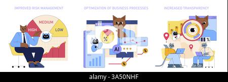 Die Rolle VON KI im globalen Unternehmensmanagement verbessert das Risikomanagement, optimiert Prozesse und erhöht die Transparenz. In dieser Abbildung wird die Integration von KI-Technologien in geschäftliche Entscheidungen untersucht. Stock Vektor
