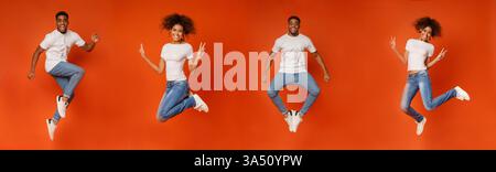 Panorama-Collage eines fröhlichen schwarzen Paares, das vor einem auffälligen orangen Hintergrund springt und lächelt. Ideal für Lifestyle, Beziehungen und energische Kampagnen. Das lebendige Bild vermittelt Optimismus, Jugendlichkeit und Zweisamkeit. Stockfoto