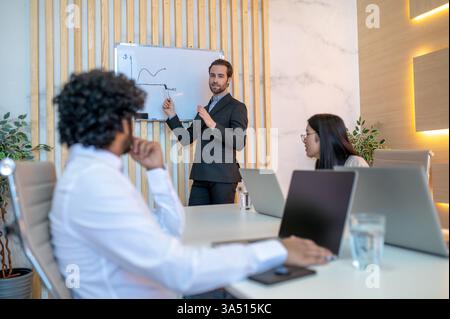 Unternehmensleiter, der mit einer Markierung auf ein horizontales Liniendiagramm auf einem Whiteboard zeigt, während Kollegen beobachten. Umfassende, vielfältige Teamarbeitsumgebung, perfekt für Geschäfts-, Analyse- und Planungsthemen. Hervorragend geeignet für Unternehmenskommunikation und Teamwork-Visuals. Stockfoto