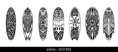 Ein Set aus sieben Surfboard-Silhouetten mit polynesischen Tribal-Tattoo-Designs in Schwarz-weiß. Stockfoto