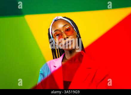 Porträt einer stilvollen jungen Afroamerikanerin mit Afro-Zöpfen in einem Studio. Dieses lebendige Bild zeigt auffällige Mode, Selbstvertrauen und zeitgenössische Schönheit. Stockfoto