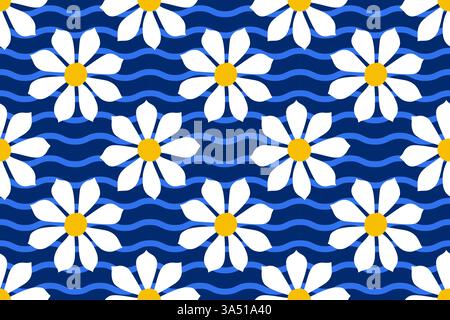 Nahtloses Muster weißer Gänseblümchen mit gelben Mittelpunkten auf tiefblauem Hintergrund mit welligen Linien. Sommerliches ästhetisches Muster. Perfekt für Textilien, Tapeten, Geschenkpapier und digitale Hintergründe Stock Vektor