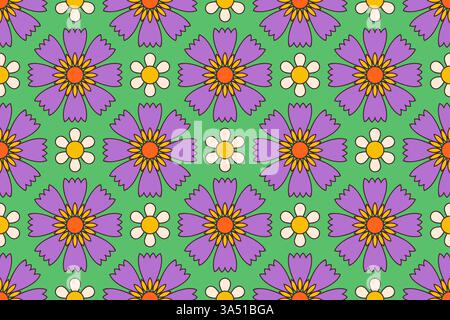 Nahtloses Blumenmuster mit lila und gelben Blüten auf grünem Hintergrund. Retro-Vintage-Blumenmuster aus den 60er und 70er Jahren Perfekt für Textilien, Tapeten, Geschenkverpackungen, Frühlings- und Sommermotive Stock Vektor