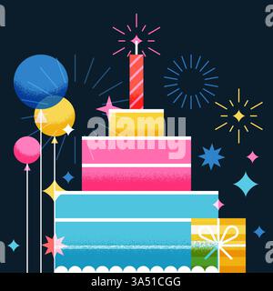 Geburtstagsgrußkarte mit dreilagigem mehrfarbigem Kuchen, Ballons, Geschenk und Feuerwerk. Geometrische Vektordarstellung. Feiertagsabend Party Stock Vektor