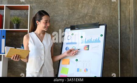 Professionelle asiatische Geschäftsfrau der Millennials präsentiert Finanzanalysen und einen Investitionsplan auf einem Board in einem modernen Sitzungssaal. Sie teilt ihre Strategie mit Kollegen während eines Geschäftstreffens und signalisiert damit Führungsqualitäten in den Bereichen Finanzen und Unternehmensplanung. Stockfoto