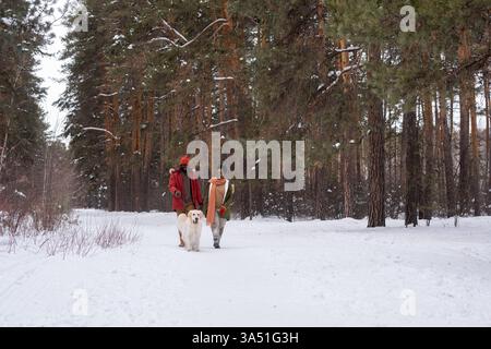 Ein afrikanisches Paar geht mit seinem Hund durch einen verschneiten Wald und hält einen warmen Moment in der Wintersonne fest. Die Szene betont die Zweisamkeit und Zuneigung im Freien in einer natürlichen, winterlichen Landschaft. Stockfoto
