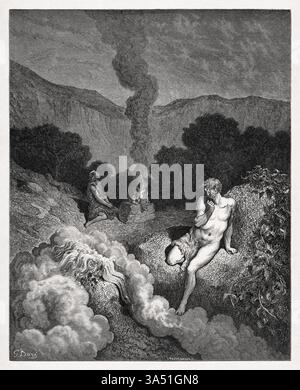 Gravur von Kain und Abel, die ihre Opfer darbrachten, von Gustave Doré im Jahr 1866, um die Neuausgabe der Heiligen Bibel zu illustrieren. Stockfoto