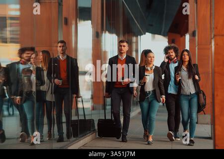 Eine vielfältige Gruppe junger Profis genießt eine Kaffeepause, Tassen in der Hand und Smartphones bereit. Ideal für Business, Teamwork und moderne urbane Lifestyle-Grafiken, die Zusammenarbeit und Konnektivität zeigen. Stockfoto