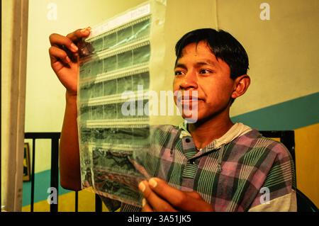 Schüler mit der „Mari Sol Photo School“ sehen sich ein Blatt verarbeiteten Schwarzweißfilms an, Guatemala City, Guatemala. Stockfoto