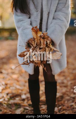 Weibliche Figur, die zwischen einem Haufen getrockneter Herbstblätter in einem Park steht. Die Herbstfarben sorgen für eine ruhige, saisonale Stimmung. Ideal für Herbst-Lifestyle, Natur und Outdoor-Visualisierungen. Stockfoto