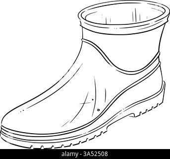 Ein einzelner Gummistiefel für den Gartenbau. Illustration der Vektorlinie für Handzeichnungen. Ideal für Ikonen, Bauernhöfe und Illustrationen für Outdoor-Aktivitäten. Skizze für Stock Vektor