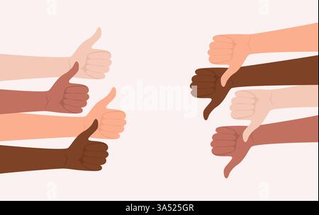 Hände von Menschen verschiedener Nationalitäten und Hauttöne, die Daumen nach oben und Daumen nach unten zeigen, Gesten gegeneinander. Illustration des flachen Vektors Stock Vektor