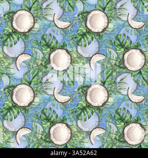 Kokosnüsse ganz, Hälften und Stücke mit hellen, grünen, tropischen Palmenblättern und gelben Plumerieblättern. Handgezeichnete Aquarellillustration. Nahtlos Stockfoto