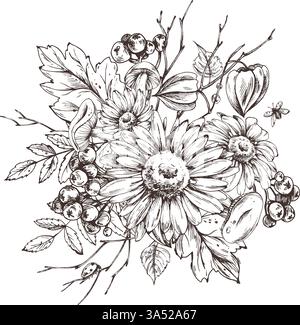 Herbstbeeren Physalis, Archaebeere, vogelblätter, Ahorn, Birke, russula-Pilze, Rudbeckia-Blüten, Äste. Grafische Strichgrafik, handgezeichnet mit Stock Vektor