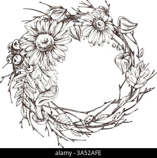 Herbstbeeren Physalis, Archaebeere, vogelblätter, Ahorn, Birke, Pilze, Rudbeckia-Blüten, Äste. Grafische Strichgrafik, handgezeichnet mit Schwarz Stock Vektor