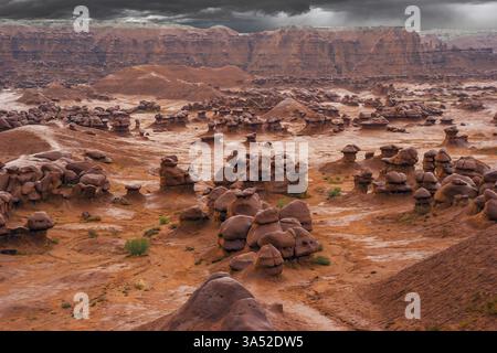 Hoodoo - hohe dünne geologische Formationen. Das Goblin Valley ist ein landschaftlich reizvoller State Park in Utah, USA. Viele lustige und bizarre Figuren aus rotbraunem Sandstein. Das c Stockfoto