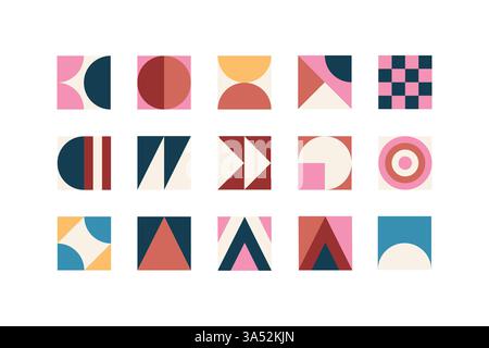 Abstraktes geometrisches Muster im Bauhaus-Stil mit auffälligen Formen und Retro-Farben. Eine minimalistische und strukturierte Komposition, die von der Moderne der Mitte des Jahrhunderts inspiriert wurde Stock Vektor