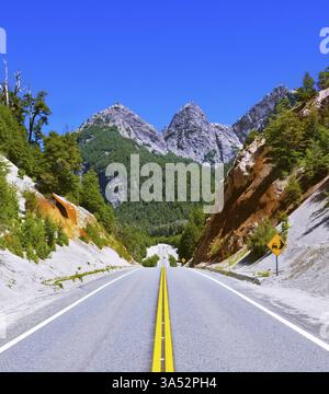 Straßenrand bedeckt mit weißer vulkanischer Asche, die nach der Eruption Pueue verbleibt. Autobahn im argentinischen Patagonien Stockfoto