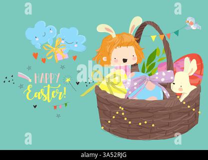 Glückwunschkarte mit süßen Mädchen und Ostereiern Stock Vektor