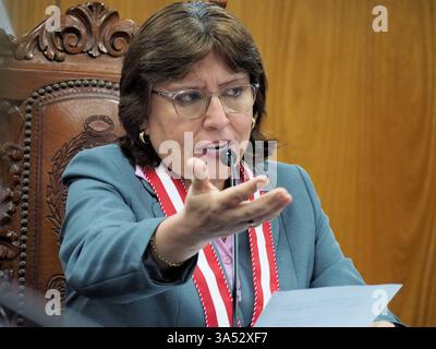 Lima, Peru. März 2025. Delia Espinoza Valenzuela, Generalstaatsanwältin von Peru, hält eine Pressekonferenz über die Herausforderungen, vor denen die Staatsanwaltschaft in Peru steht, den Kampf gegen Korruption und symbolträchtige Fälle, das Problem der Unsicherheit der Bürger und die Beziehungen zwischen der Generalstaatsanwaltschaft, auch bekannt als peruanisches Ministerium, und anderen Regierungsstellen. Quelle: Fotoholica Presseagentur/Alamy Live News Stockfoto