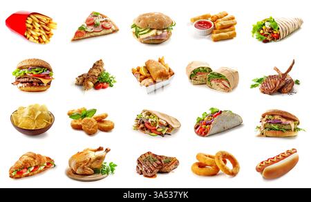 Fastfood-Sammlung isoliert auf weißem Hintergrund. Junk Food Set. Nahaufnahme von Essen zum Mitnehmen. Pommes Burger Wrap Sandwich Fleisch Grill Pizza Stockfoto