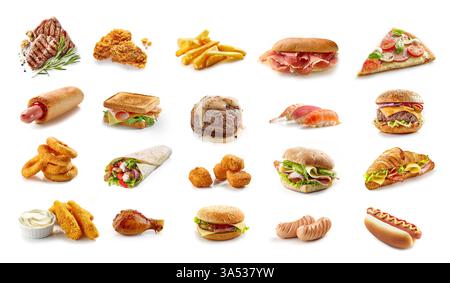 Set aus verschiedenen Fast Food-Produkten, isoliert auf weißem Hintergrund. Junk-Food-Sammlung. Burger, Sandwich, frittiertes Huhn und Pommes frites, Sushi, Picca, Wrap, Stockfoto