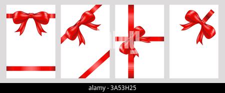 Geschenkgutscheine mit roter Schleife, Einladungen, dekorativen roten Schleifen und Bändern für Geschenkverpackung und Design Stock Vektor