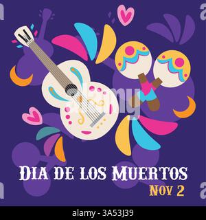 Bunte mexikanische Gitarre und Maracas für Dia de los Muertos. Vektor Stock Vektor