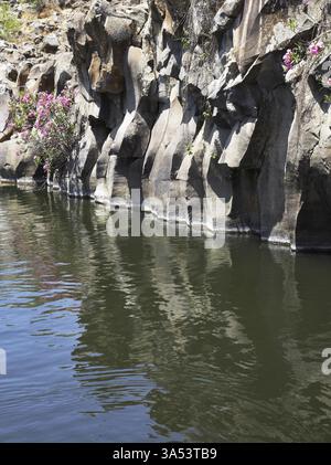 Gebirgsbach zwischen senkrechten Wänden aus geschnittenem Basalt Stockfoto